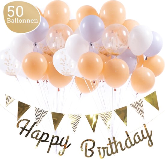 Blush Ballonnen Verjaardag & Versiering Set – Incl. Happy Birthday Slinger, Vlaggenlijn, Lint, Plakkers en 50 Ballonnen – Kant en Klaar Feest Pakket
