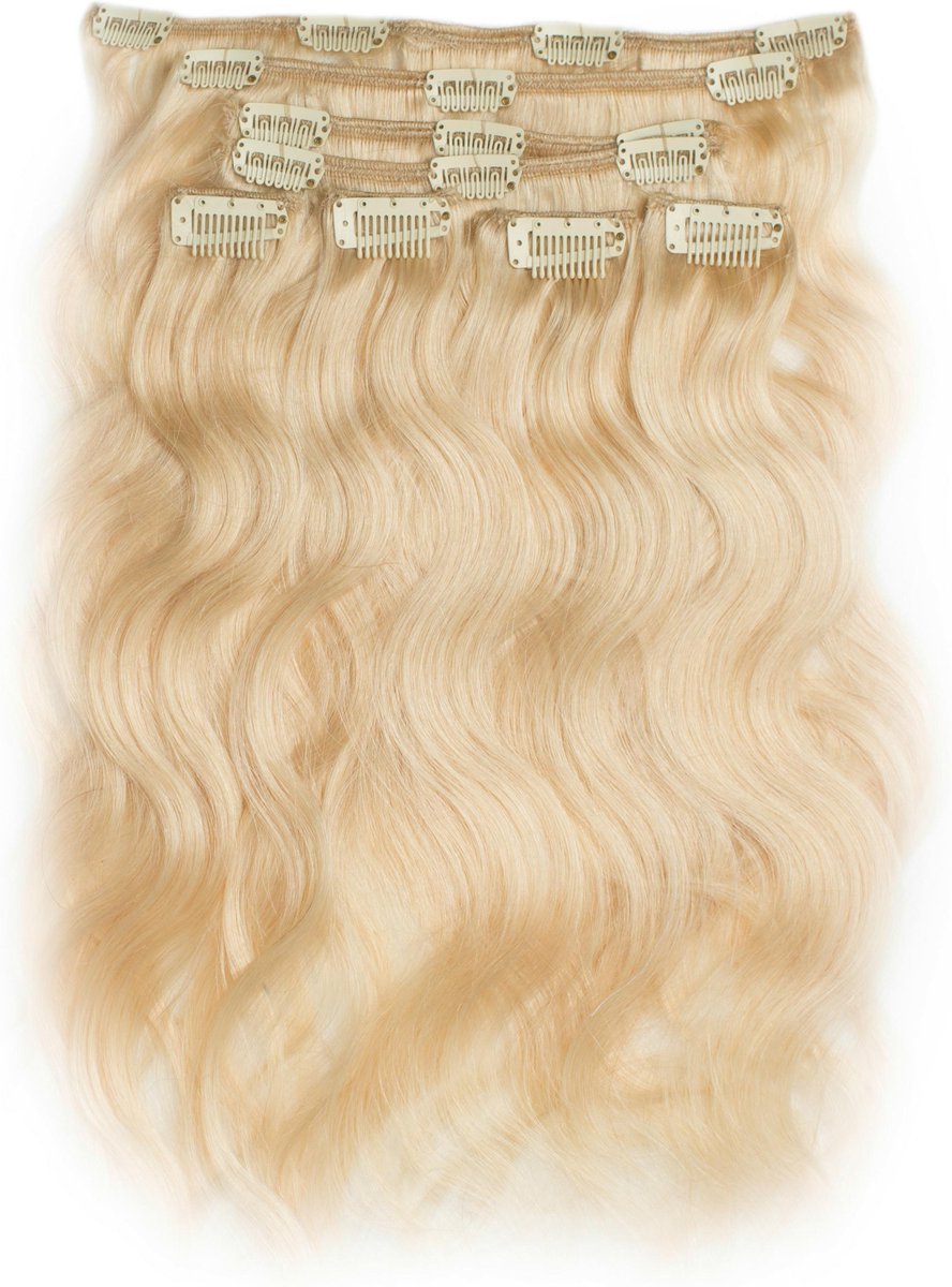 Clip in Extensions, 100% Human Hair, Body Wave, 22 inch, kleur #613 Light Blonde