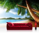 Fotobehang "Verlaten strand met palmbomen" vliesbehang 300x210cm