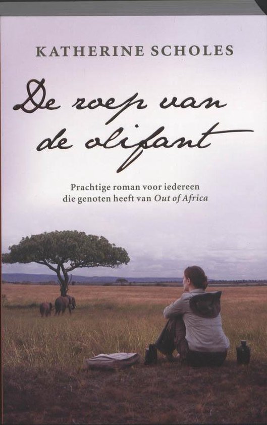Boekomslag: vrouw kijkt naar olifanten bij een boom in de savanne. Titel: 'De Roep van de Olifant'.
