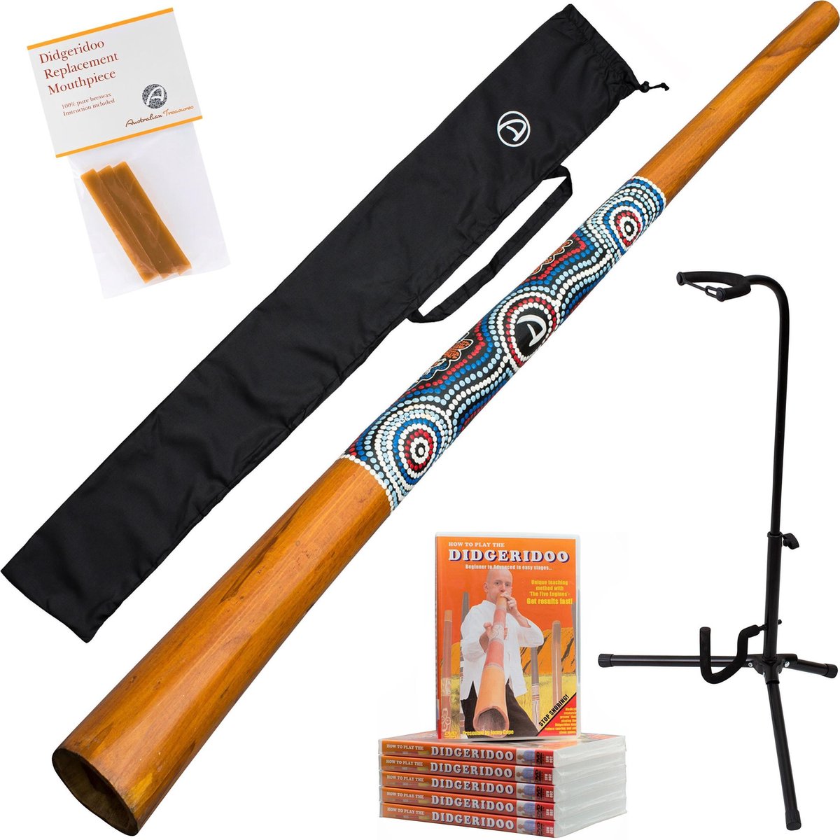 Didgeridoo starterpakket | 5 delig | Didgeridoo inclusief didgeridoobag, lesvideo, bijenwas, stabiele didgeridoostandaard | bekijk de video!