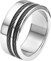 Lucardi Heren Ring met zwarte kabels - Ring - Cadeau - Staal - Zilverkleurig