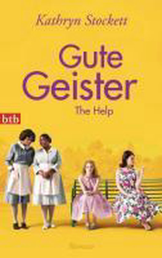 Boek kaft met de titel 'Gute Geister' en 'The Help'. Vier vrouwen staan op de kaft: twee zwarte vrouwen in dienstkledij, een blank meisje in een roze jurk en een blanke vrouw in een bloemenjurk.
