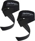 Paar zwarte stoffen liftenbanden met rode Harbinger-logo's en een rubberen strip.