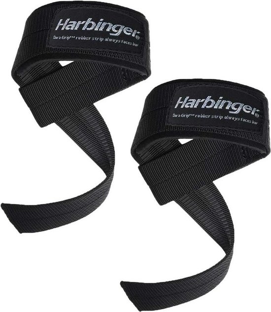 Paar zwarte stoffen liftenbanden met rode Harbinger-logo's en een rubberen strip.
