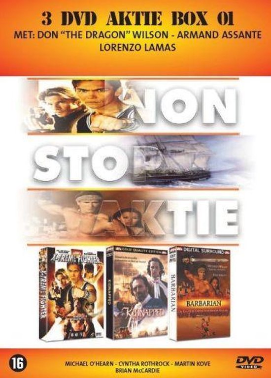 DVD box 3 DVD Aktie met de titels X-Treme Fighter, Kidnapped en Barbarian. De voorkant toont de acteurs en de titels.