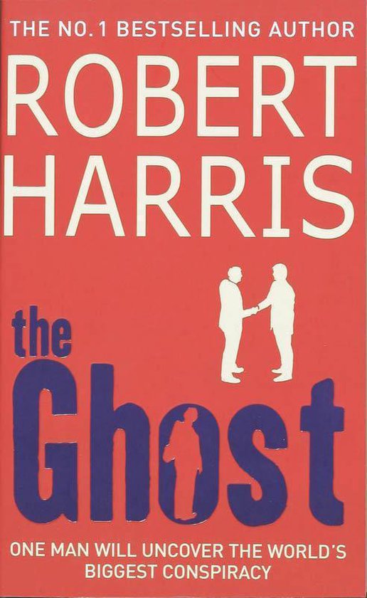 Livre "The Ghost" de Robert Harris. Couverture rouge avec lettres blanches et violettes. Deux silhouettes blanches d'hommes se serrant la main.