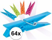 Gekleurde wasknijpers - 64 stuks - plastic wasspelden / knijpers