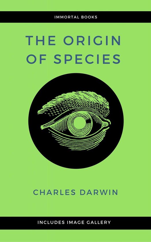 Boek "The Origin of Species" door Charles Darwin met een groene omslag en een zwart rond icoon van een oog.