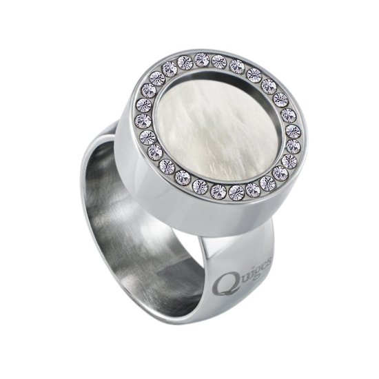 Quiges RVS Schroefsysteem Ring met Zirkonia Zilverkleurig Glans 16mm met Verwisselbare Beige Schelp 12mm Mini Munt