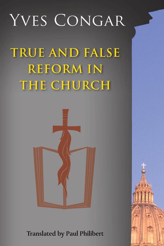 Couverture de livre avec 'Yves Congar True and False Reform in the Church'. Symbole d'un livre ouvert avec une croix et une flamme.