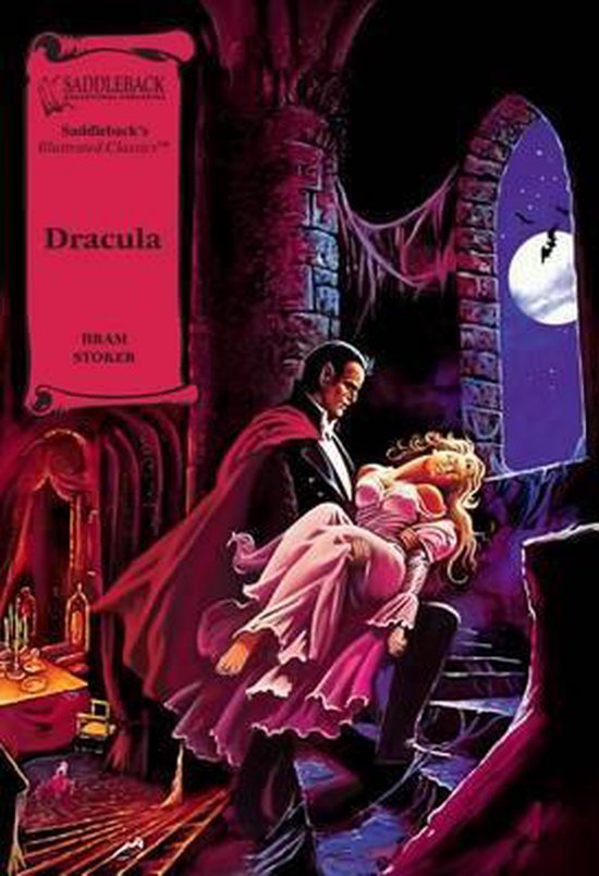 Saddleback's Illustrated Classics: Dracula, Bram Stoker. Un homme à cape rouge porte une femme en robe rose dans un escalier.