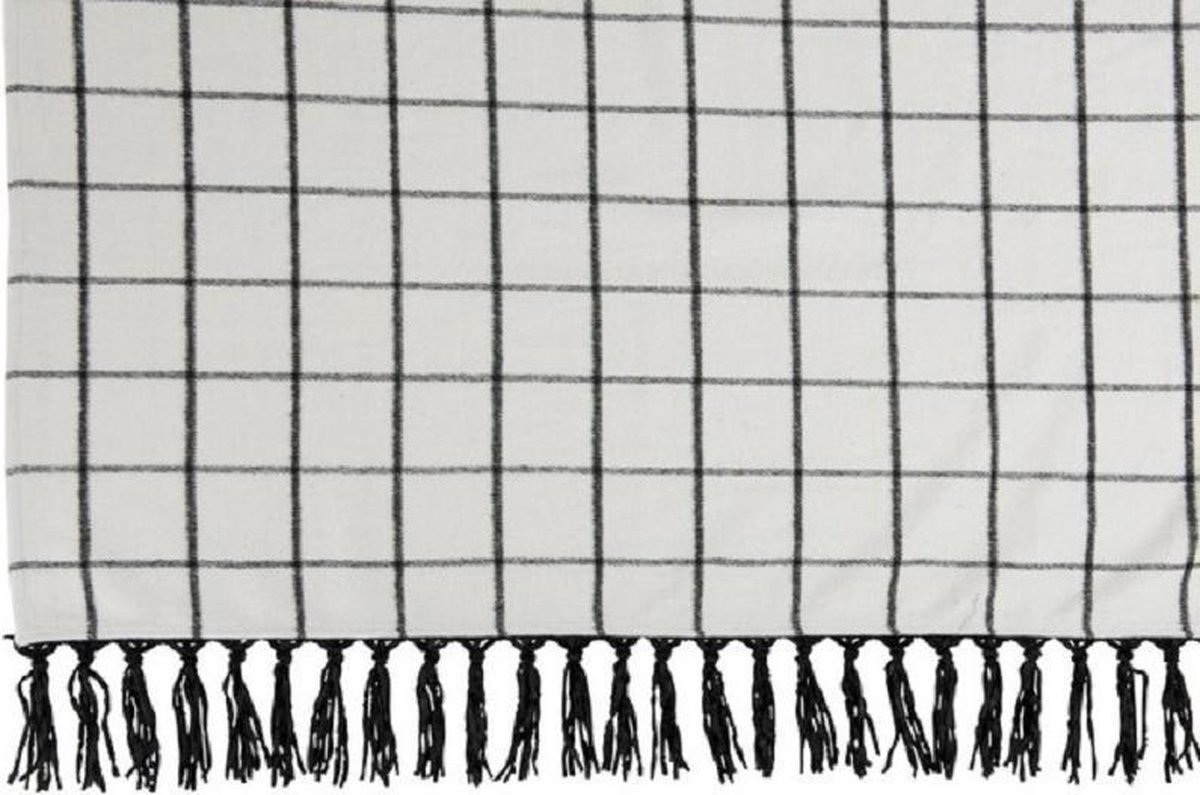 J-Line Plaid - deken - 1.50 x 1.20 mtr. - wolwit/zwart geruit met velours- franje