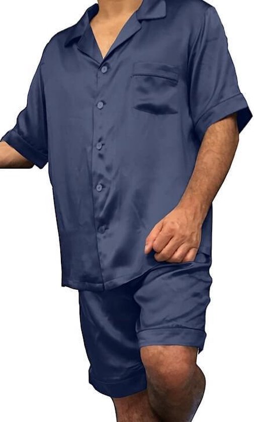 Heren zijden pyjama set (korte mouwen, korte broek), Marine blauw, S