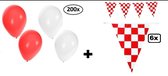 200x Ballonnen rood/wit en 6x Vlaglijn rood/wit geblokt - Carnaval thema feest festival party verjaardag