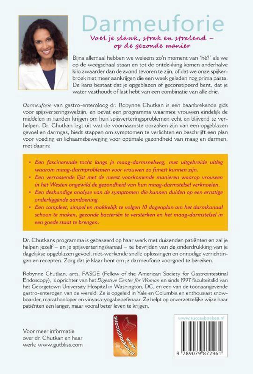 Boekomslag 'Darmeuforie'. Titel bovenaan, met foto van Robynne Chutkan in witte doktersjas. Tekst over het 10-dagenplan.