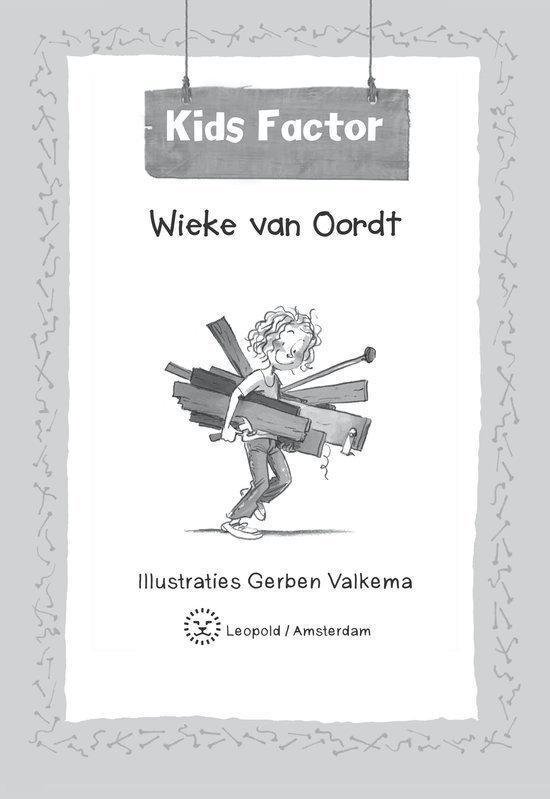 Boekomslag van 'Kids Factor' door Wieke van Oordt, met een illustratie van een meisje dat houten planken draagt.