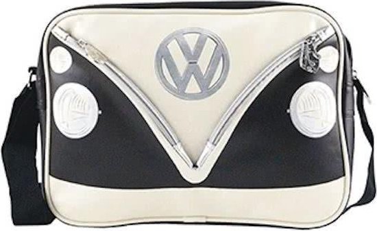 Zwarte en crème schoudertas met VW logo en koplampdetails.