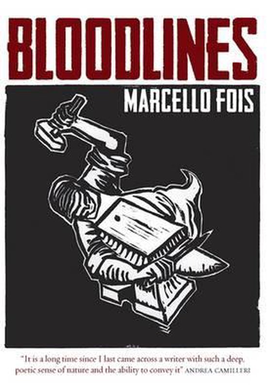 Boek kaft met de titel "BLOODLINES" en "MARCELLO FOIS" in rode letters. Een illustratie van een ridder met een zwaard.