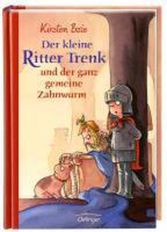Boek "Der kleine Ritter Trenk und der ganz gemeine Zahnwurm" met een ridder, een worm en een ander figuur.