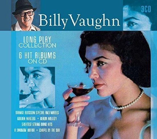 Billy Vaughn 3-cd box set met een foto van een man met hoed en een vrouw met cocktailglas in blauwe tinten.