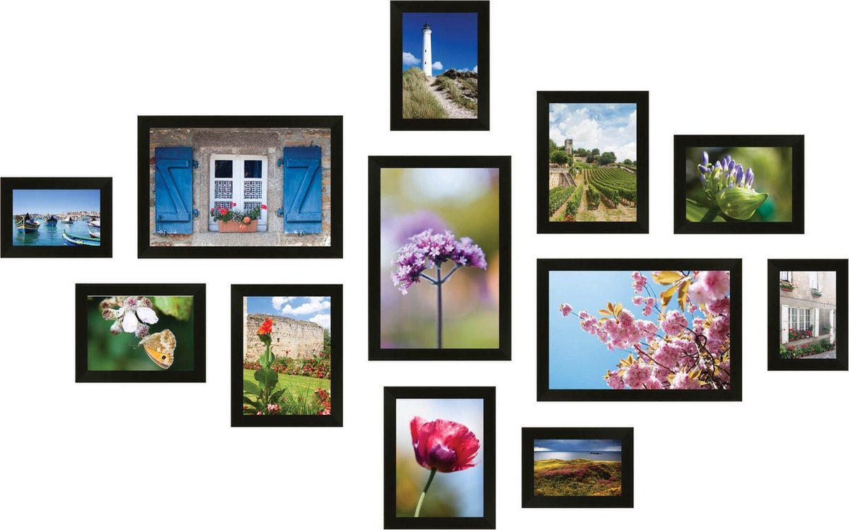 SecaDesign Fotowand zwart 12 fotolijsten PIA12B met handige template voor plaatsing. 3x 10x15cm, 3x 13x18cm, 3x 15x20cm en 3x 20x30cm fotomaat - fotomuur