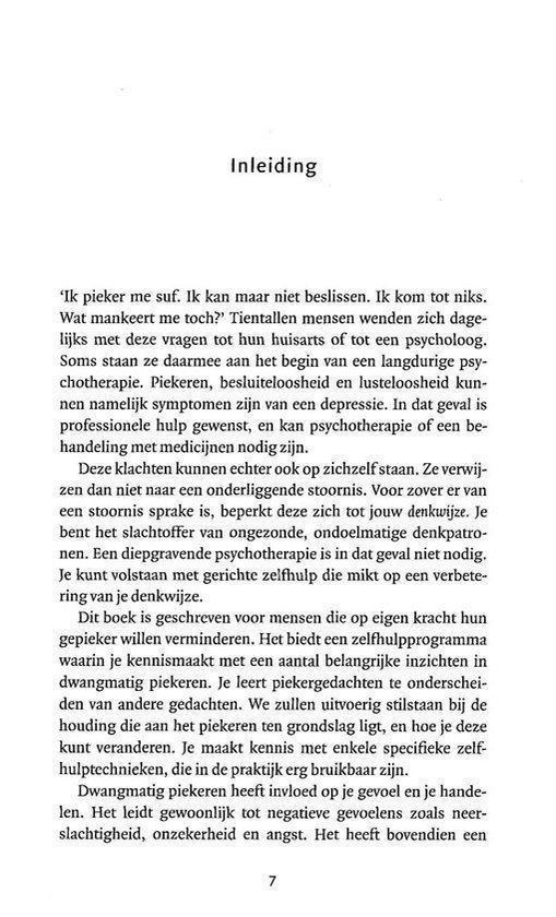 Inhoudsopgave van het boek 'Je piekert je suf'. Pagina 7.