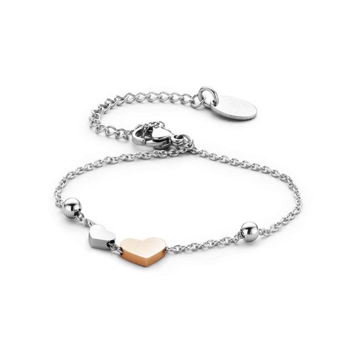 CO88 Collection Sense 8CB 90119 Stalen Armband met Hartjes - Lengte 16 + 3,5 cm - Zilverkleurig / Rosékleurig