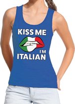 Kiss me I am Italian tanktop / mouwloos shirt blauw dames - feest shirts dames - Italie kleding M