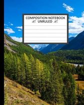 Unruled Composition Notebook 8  x 10 . 120 Pages. Mountains Trees Front.