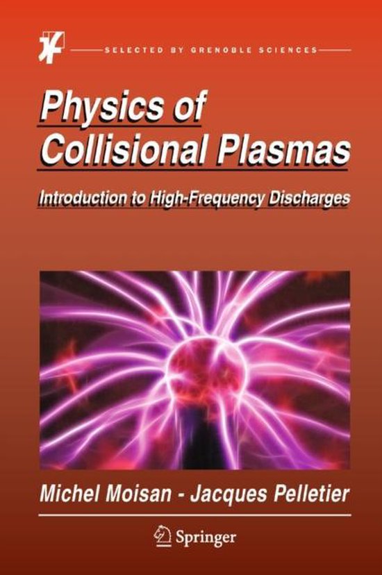 Boekomslag voor 'Physics of Collisional Plasmas' met een afbeelding van een paarse plasma bol met energie-uitbarstingen.
