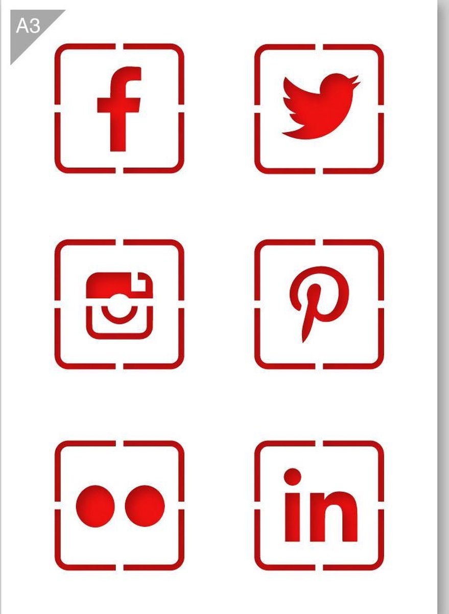 Social media sjabloon - Facebook, Twitter, Instagram, Pinterest, Flickr, LinkedIn logo - Kunststof A3 stencil - Kindvriendelijk sjabloon geschikt voor graffiti, airbrush, schilderen, muren, meubilair, taarten en andere doeleinden