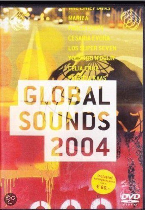 DVD hoes voor "Global Sounds 2004" met een rode en gele achtergrond, een wereldbol en namen van artiesten.