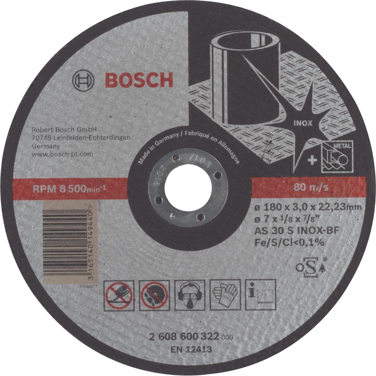Doorslijpschijf recht Expert for Inox AS 30 S INOX BF, 180 mm, 22,23 mm, 3,0 mm 1st