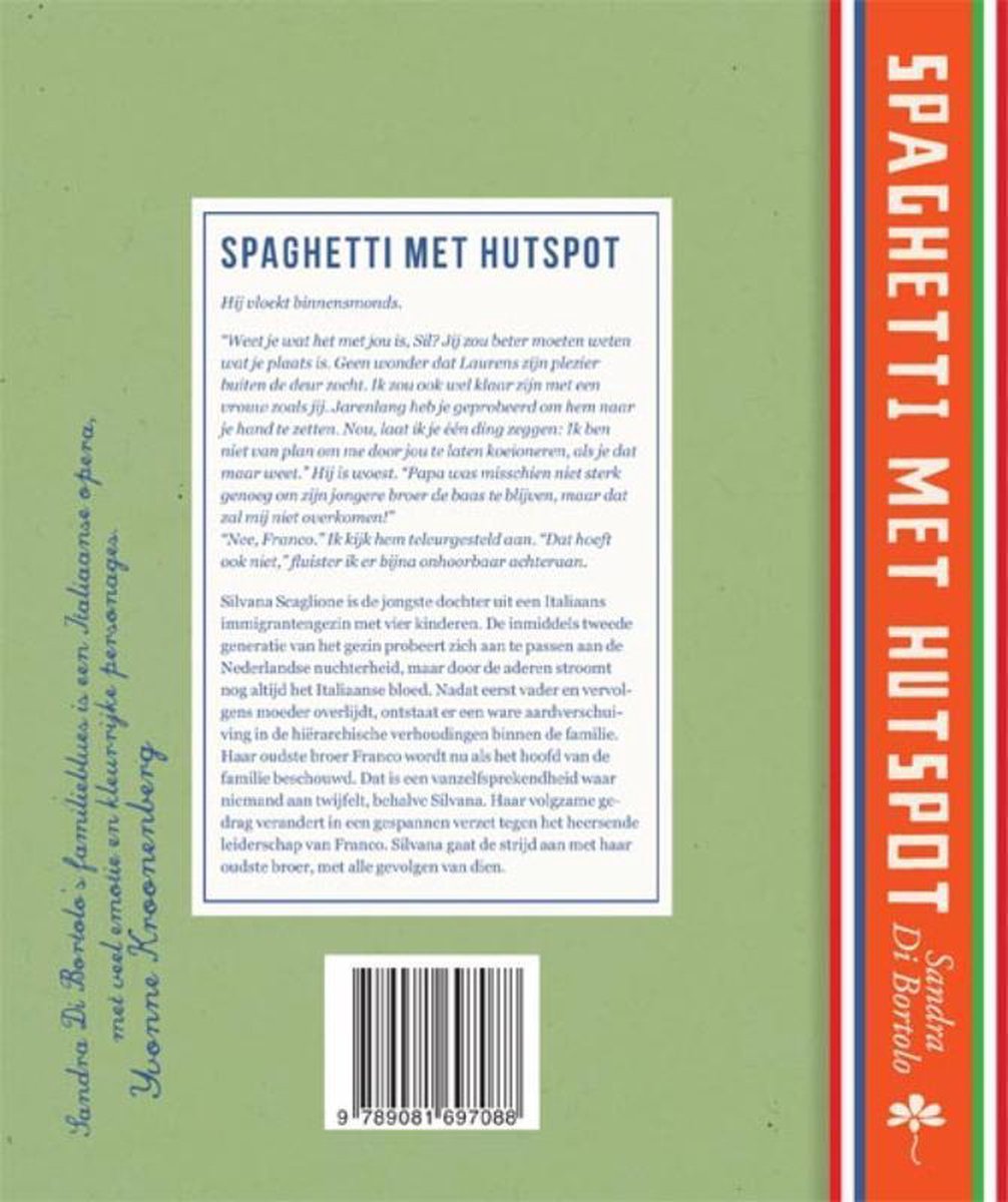 Achterkant van het boek 'Spaghetti met hutspot', met een tekst in het Nederlands en een barcode.