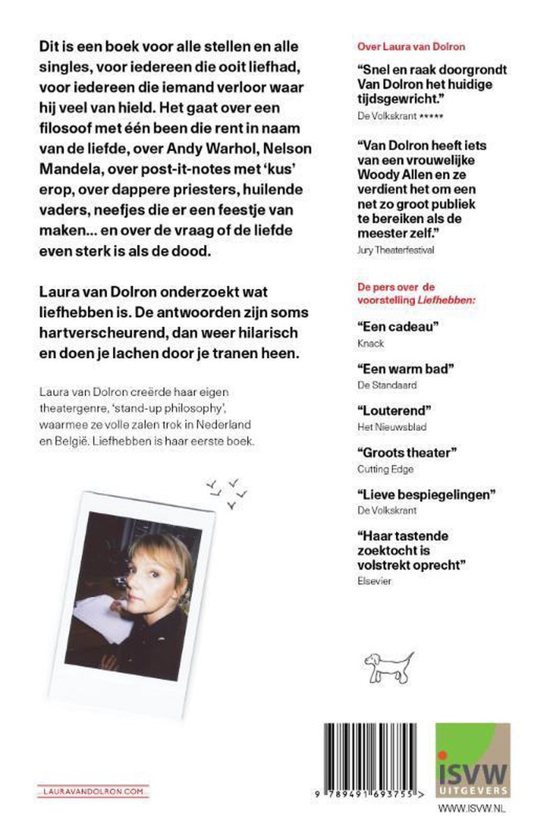 Boek "Liefhebben" met een portret van Laura van Dolron, een vrouw met blond haar en blauwe ogen.