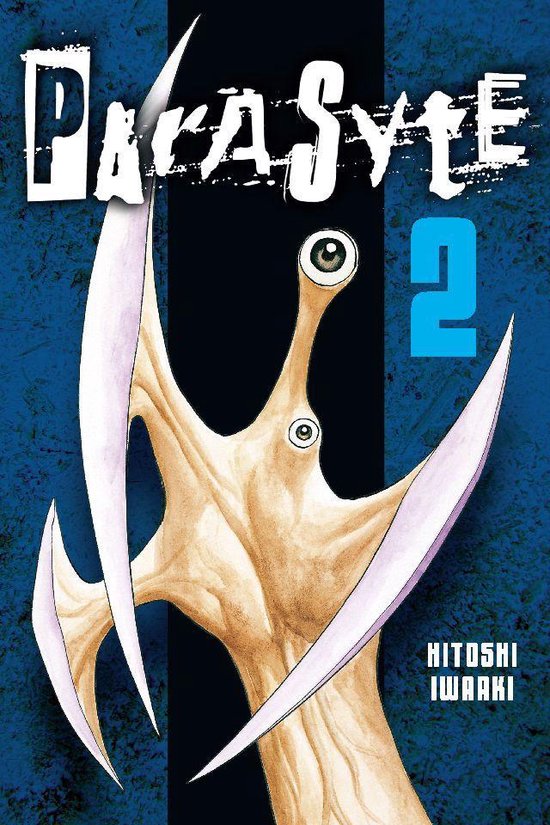Stripboekcover van Parasyte 2 met een monster met grote klauwen en twee ogen op een blauwe achtergrond.