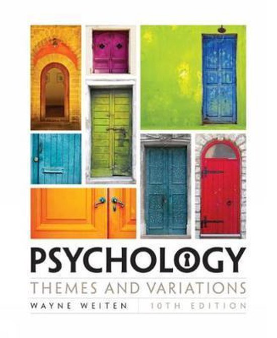 Cover van 'Psychology: Themes and Variations, 10th Edition' met een collage van kleurrijke deuren.