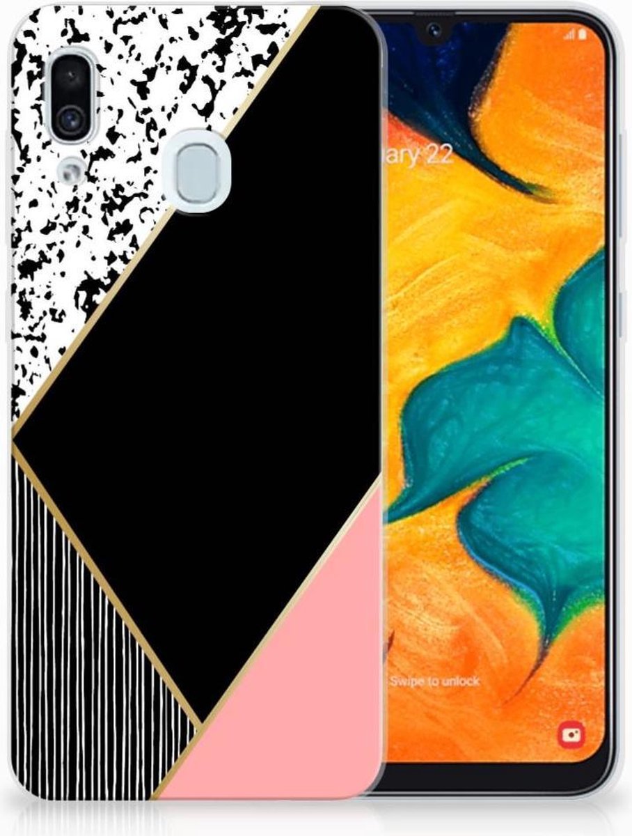 Samsung Galaxy A30 TPU Hoesje Zwart Roze Vormen