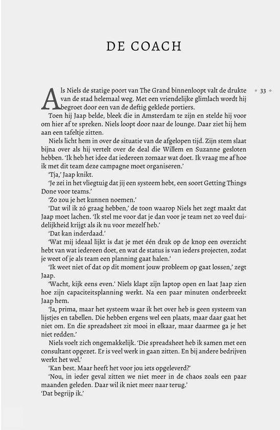 Tekst met de titel 'DE COACH' en een gesprek tussen Niek en Jaap.