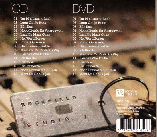 Albumhoes met tracklist voor CD en DVD, met 'ROCKFIELD STUDIO 1' op een metalen plaat.