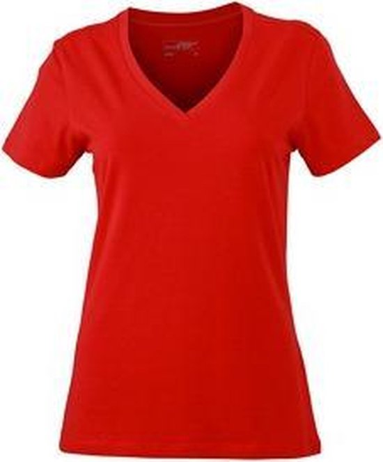 James & Nicholson t-shirt v-hals - dames - rood - stretch - korte mouwen - katoen/elasthan L