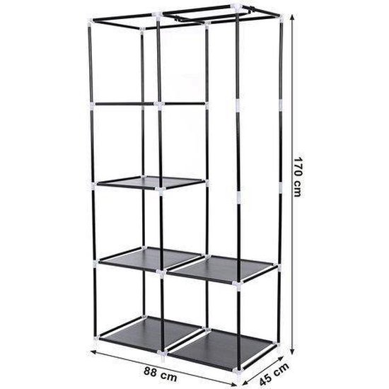 Zwarte metalen frame kledingkast zonder stof, 88x170 cm, met afmetingen.