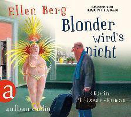 Audioboekhoes 'Blonder wird's nicht' met een man in een kamer en een vrouw in een kleurrijk carnavalskostuum.