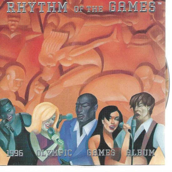 Albumhoes "Rhythm of the Games", met 4 zingende artiesten en de tekst "1996 OLYMPIC GAMES ALBUM".