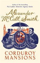 Boekomslag van Alexander McCall Smith's Corduroy Mansions, met een hond, man, paraplu en Londense gebouwen. Welkom in Londen.