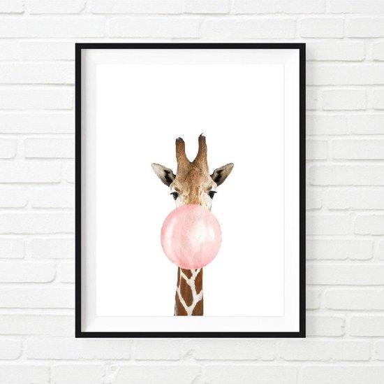 Postercity - Design Canvas Poster Giraffe met Kauwgom / Kinderkamer / Dieren Poster / Babykamer - Kinderposter / Babyshower Cadeau / Muurdecoratie / 50 x 40 cm