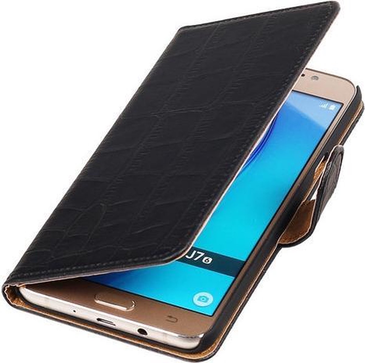 Zwart Krokodil booktype cover hoesje voor Samsung Galaxy J7 2016