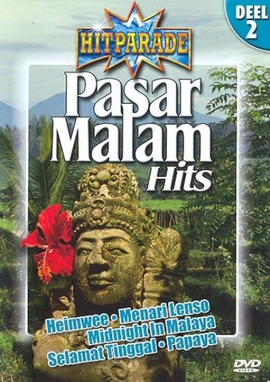 Albumcover met de titel 'Hitparade Pasar Malam Hits Deel 2'. Bevat beelden van een stenen beeld en tropische begroeiing.