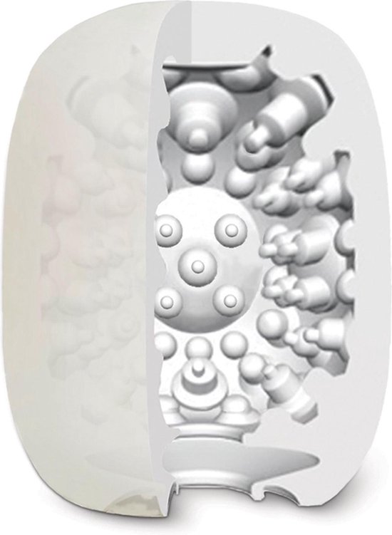 Doorsnede van witte masturbator met unieke binnenstructuur.
